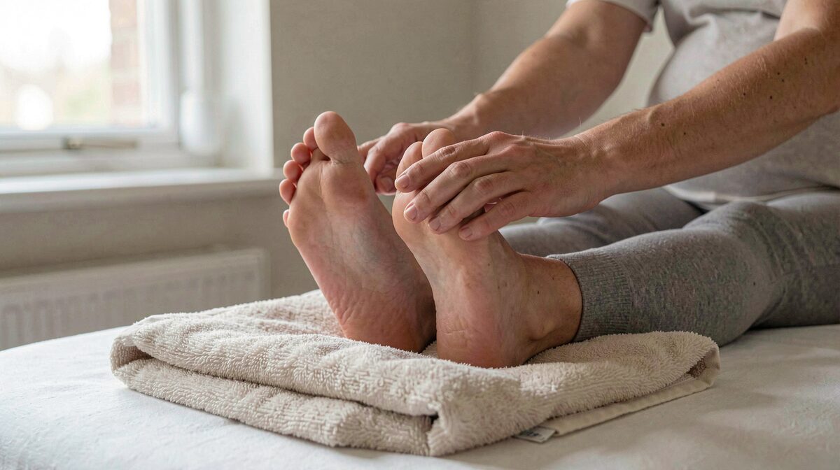 A pair of pregnant woman's feet resting on a folded towel while a therapist's thumbs press the sole, in a quiet London treatment room with soft window light, close framing on the feet and hands.