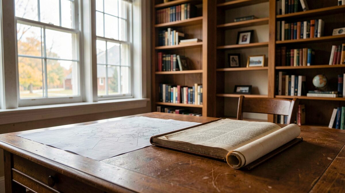 The Bucks County recorder of deeds reading room, a wooden desk with an oversized plat book open beside a rolled document, morning light through tall windows, medium shot