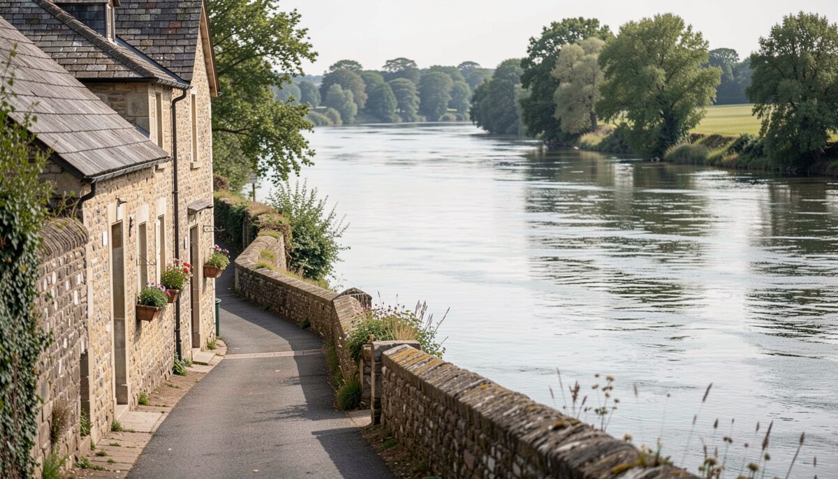 A narrow street sloping down to a wide calm river, an old stone inn on the corner, trees on the far bank