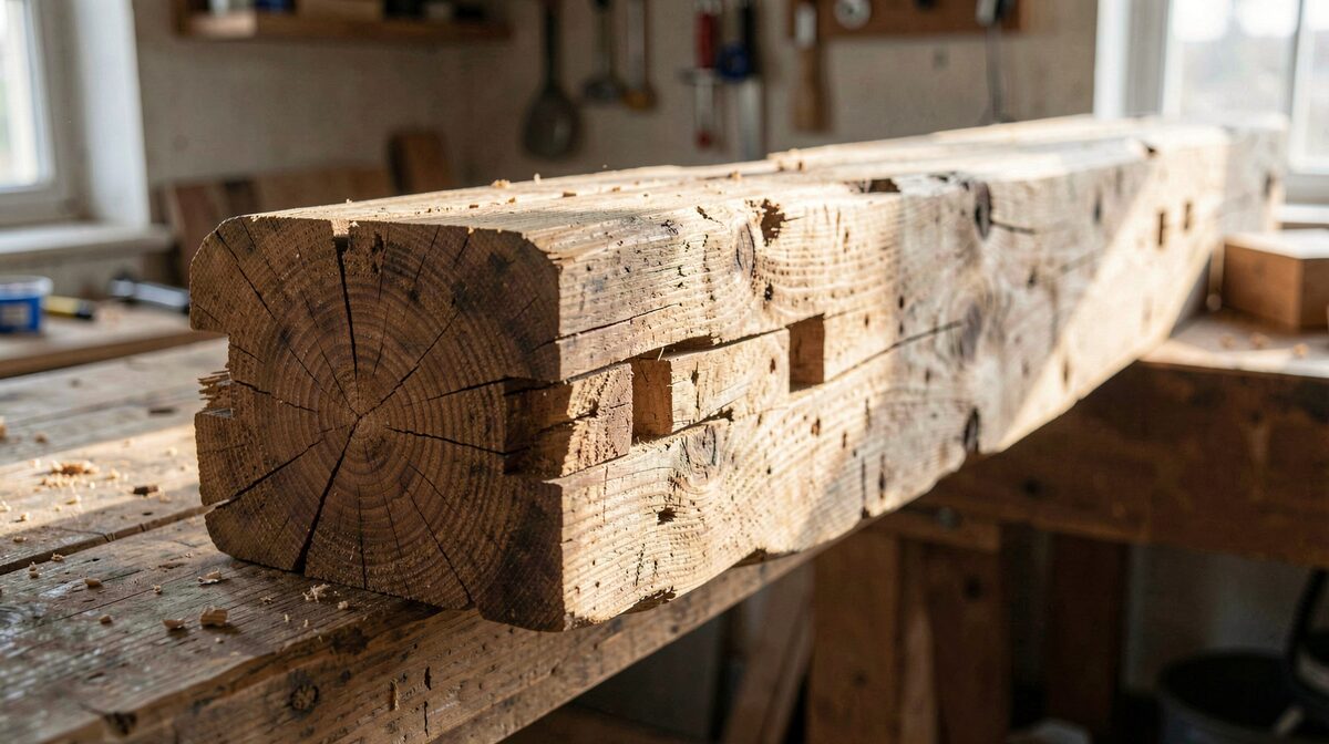 A salvaged hand-hewn timber beam with visible mortise cavities and tool marks, photographed in raking side light in a workshop, close framing on the joinery cuts.