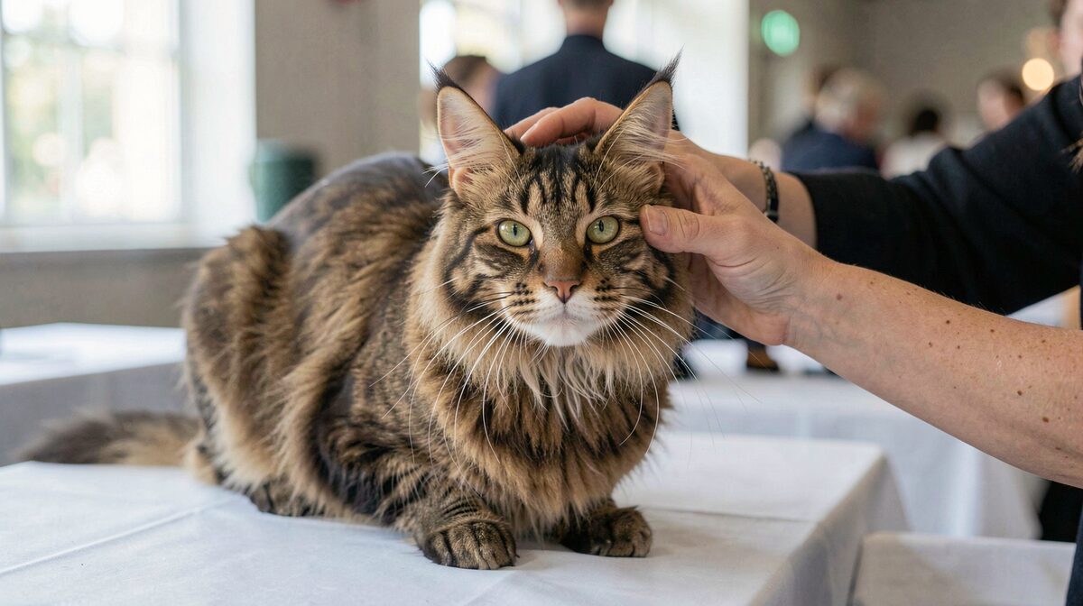 A Maine Coon cat being examined on a judging table at a cat show, natural window light, close framing on the square muzzle and ears.