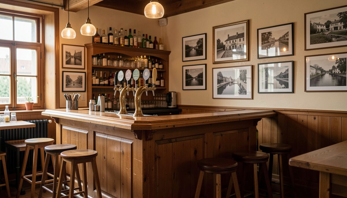 A cozy tavern interior with a wooden bar, beer taps, framed old photographs of a river town on the walls
