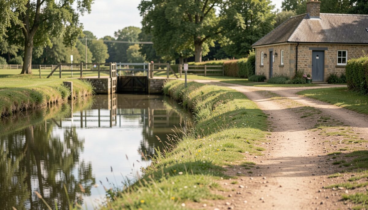 A dirt towpath beside a still canal with reflections of trees, a wooden lock gate and a small stone house
